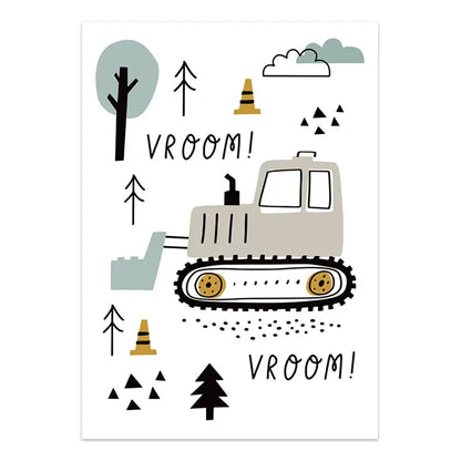 Children's poster with a bulldozer illustration and 'Vroom!' text on a white background.