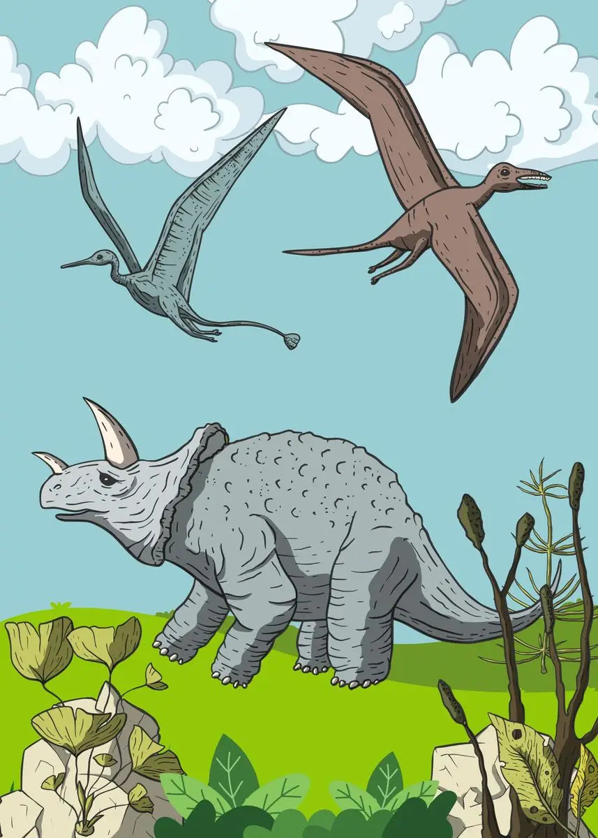Illustration of dinosaurs including a triceratops, pterodactyls, and other prehistoric creatures in a natural setting.