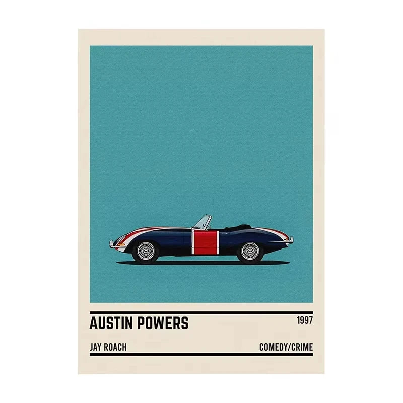 Movie poster for 'Austin Powers' with a vintage car design on a blue background