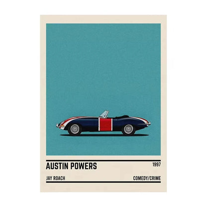 Movie poster for 'Austin Powers' with a vintage car design on a blue background