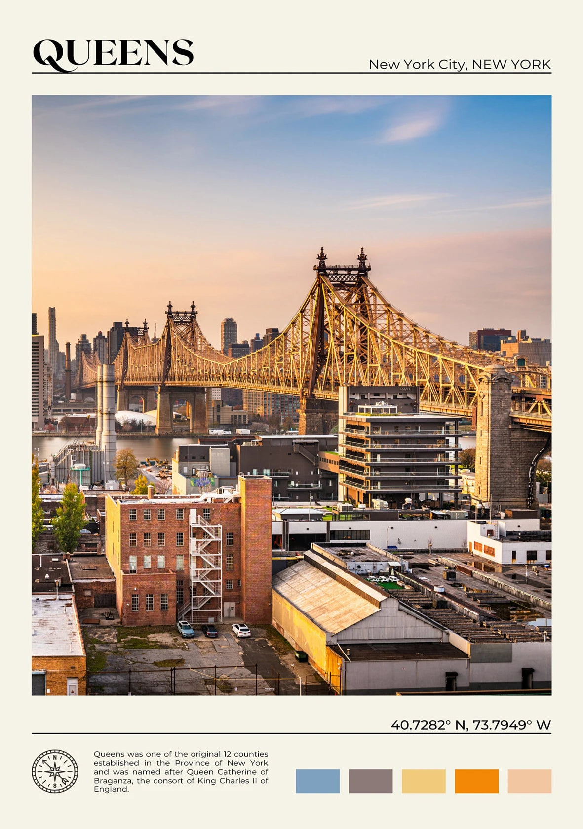 Queensboro Bridge over Queens, New York City with buildings and skyline in the background.