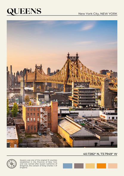 Queensboro Bridge over Queens, New York City with buildings and skyline in the background.
