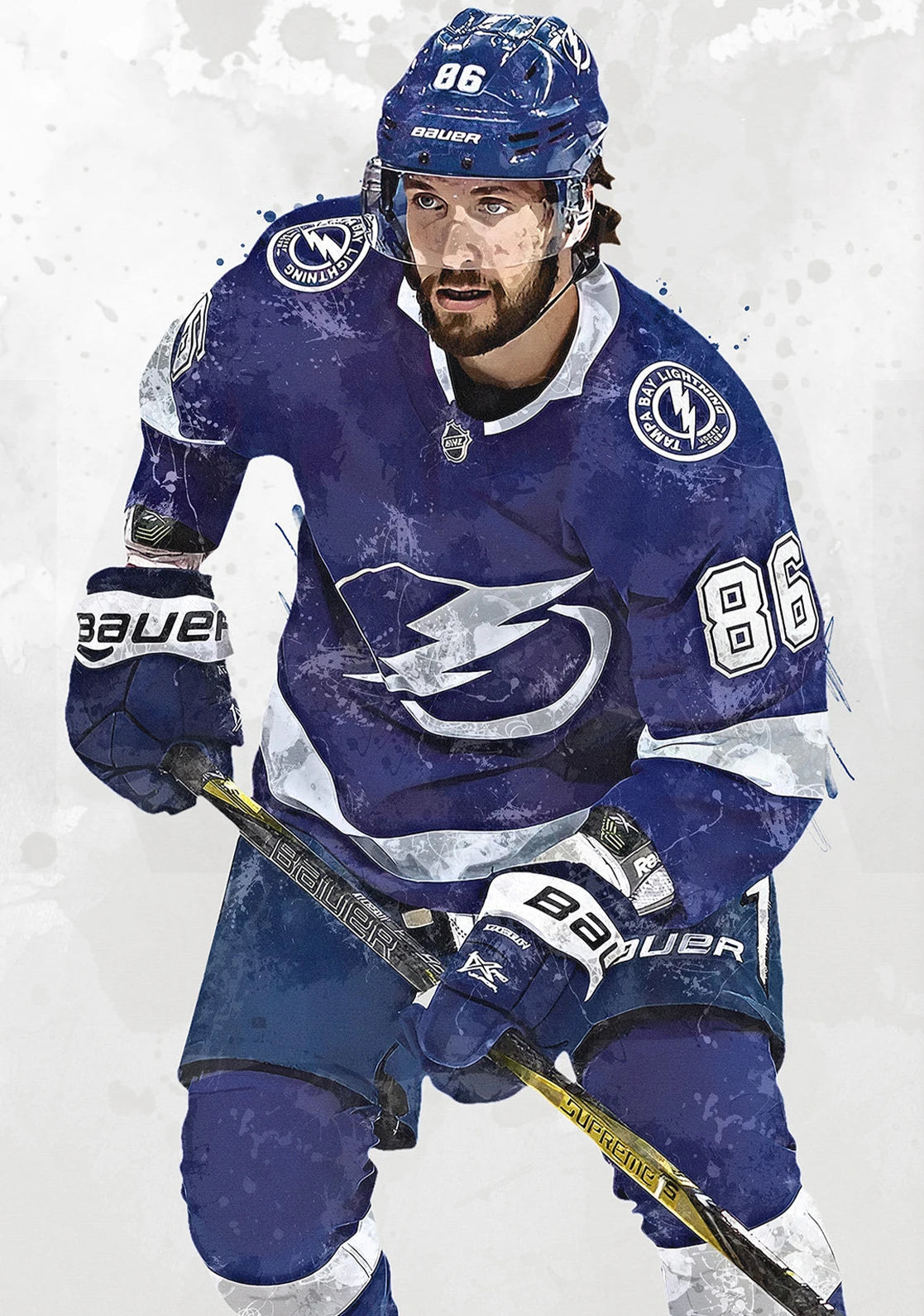 Hockey player in a blue uniform with a logo on a white background