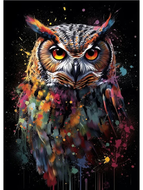 Colorful owl painting on a black background