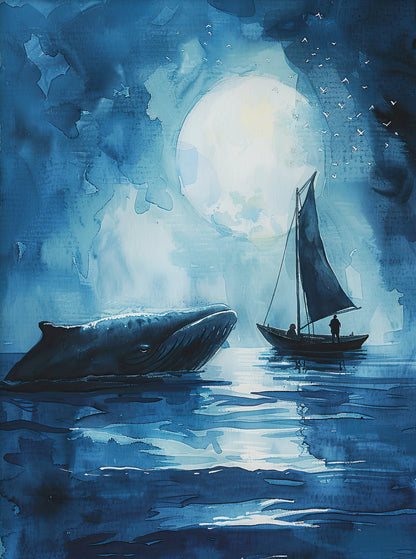 Whale and sailboat under a large moon on water