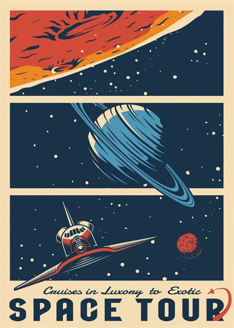 Space-themed poster with spacecraft, planets, and text 'SPACE TOUR' on a blue background.