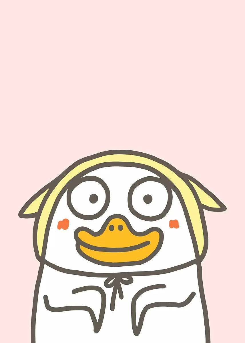 Cartoon penguin character with a yellow hat on a pink background