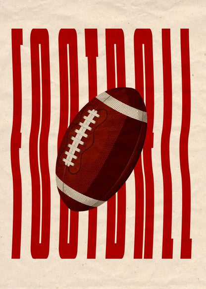 Red football with white stripes on a beige background with red text