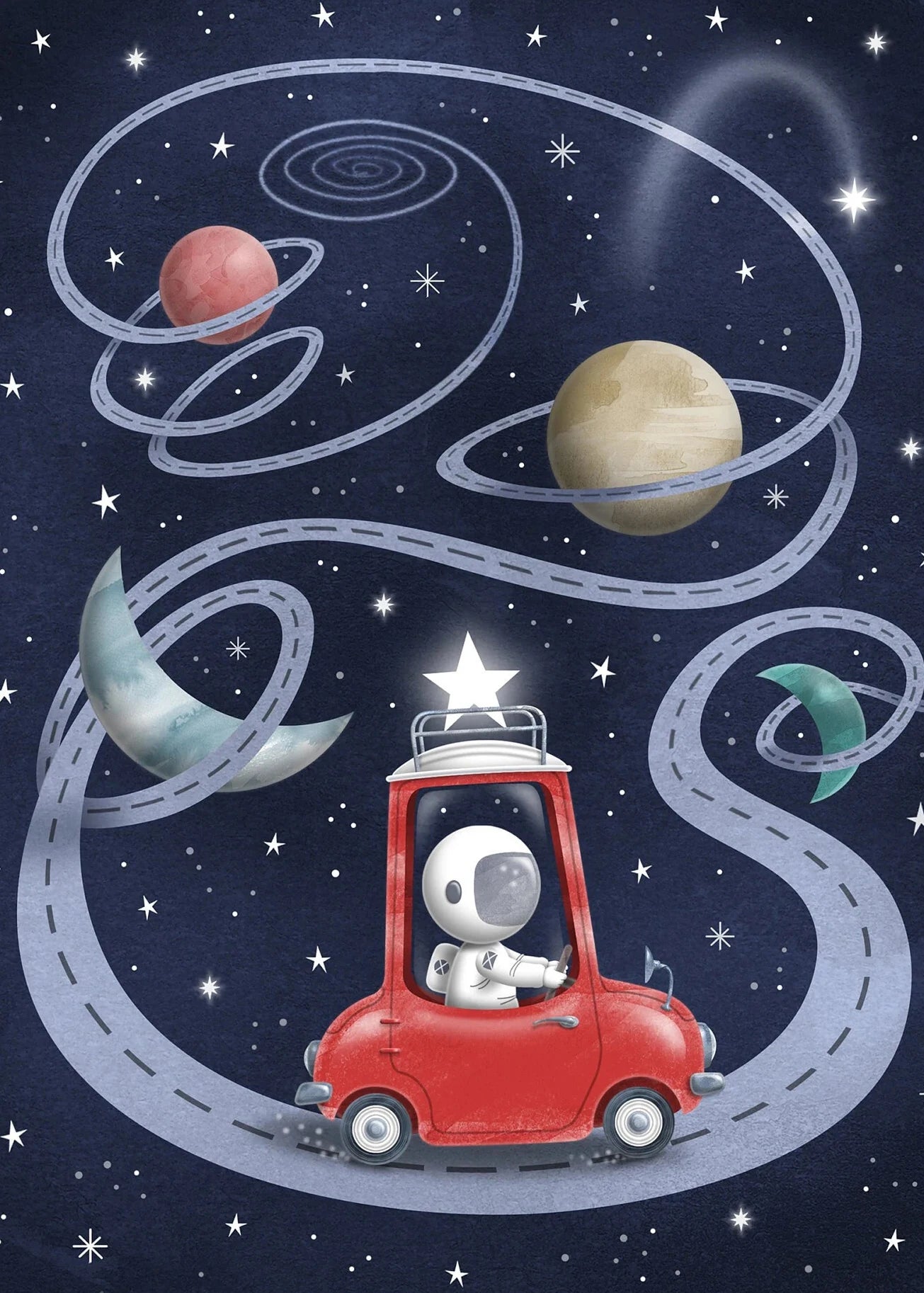 Illustration of an astronaut in a red car with planets and stars in the background