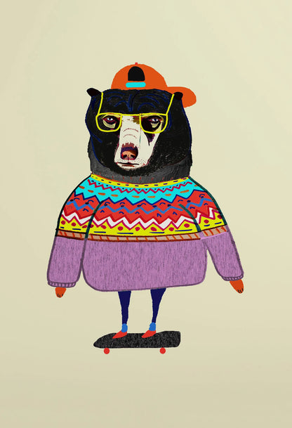 Illustration of a bear wearing a colorful sweater, orange cap, and sunglasses on a beige background.