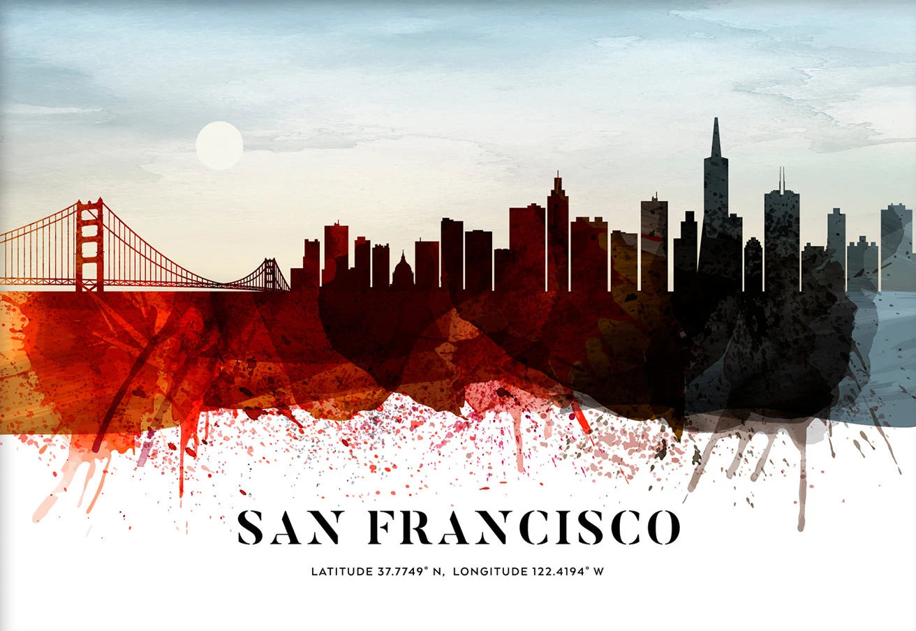 Artistic depiction of San Francisco skyline with watercolor splashes and coordinates.