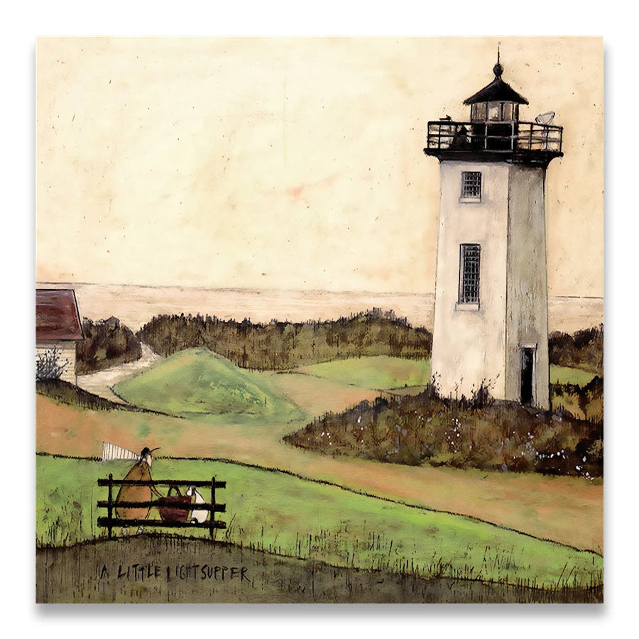 Painting of a lighthouse with a person walking a dog on a path.