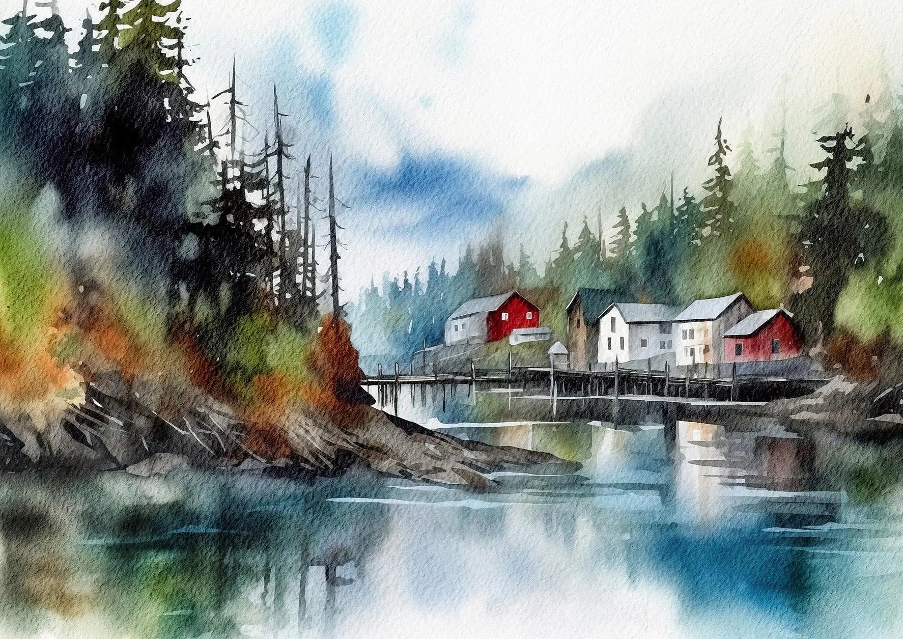Watercolor painting of a small town by a lake with trees and a dock.