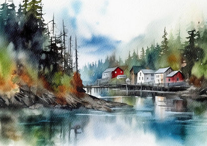 Watercolor painting of a small town by a lake with trees and a dock.