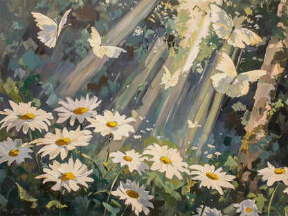 butterflies flying on top of a field with the sunlight piercing through the trees