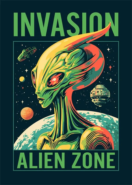 Colorful alien design with 'Invasion Alien Zone' text on a dark background