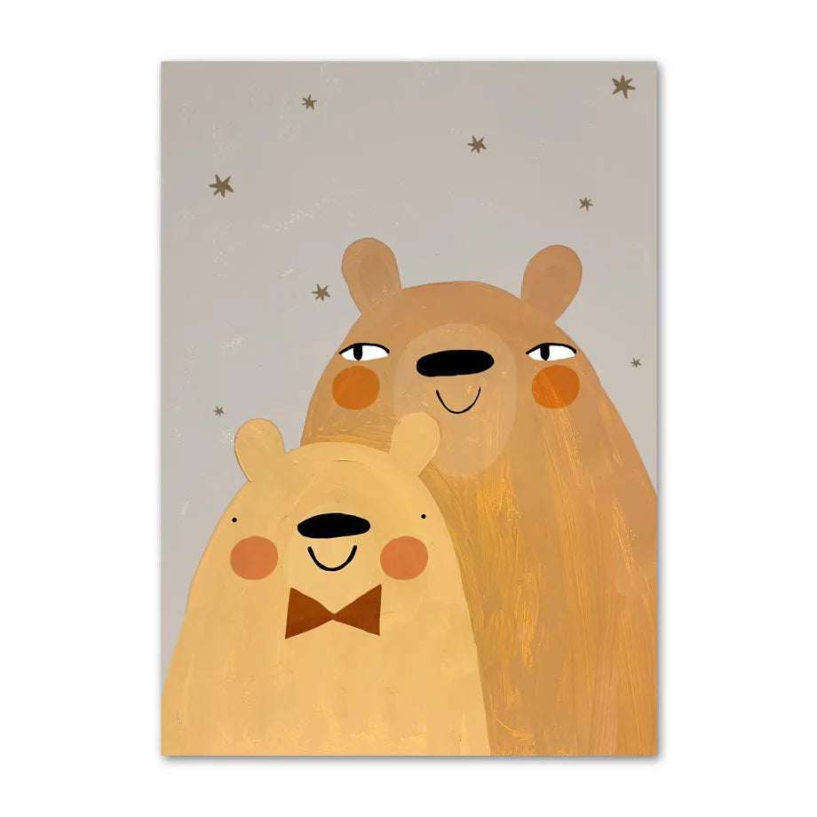 Illustration of two bears on a gray background with stars.