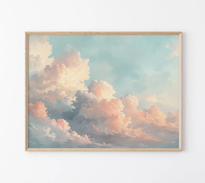 Framed artwork of a cloud scene with pastel colors on a white wall