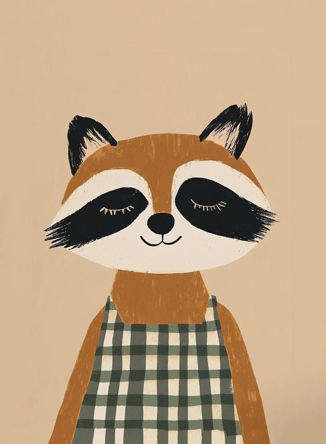 Illustration of a raccoon wearing a plaid apron on a beige background