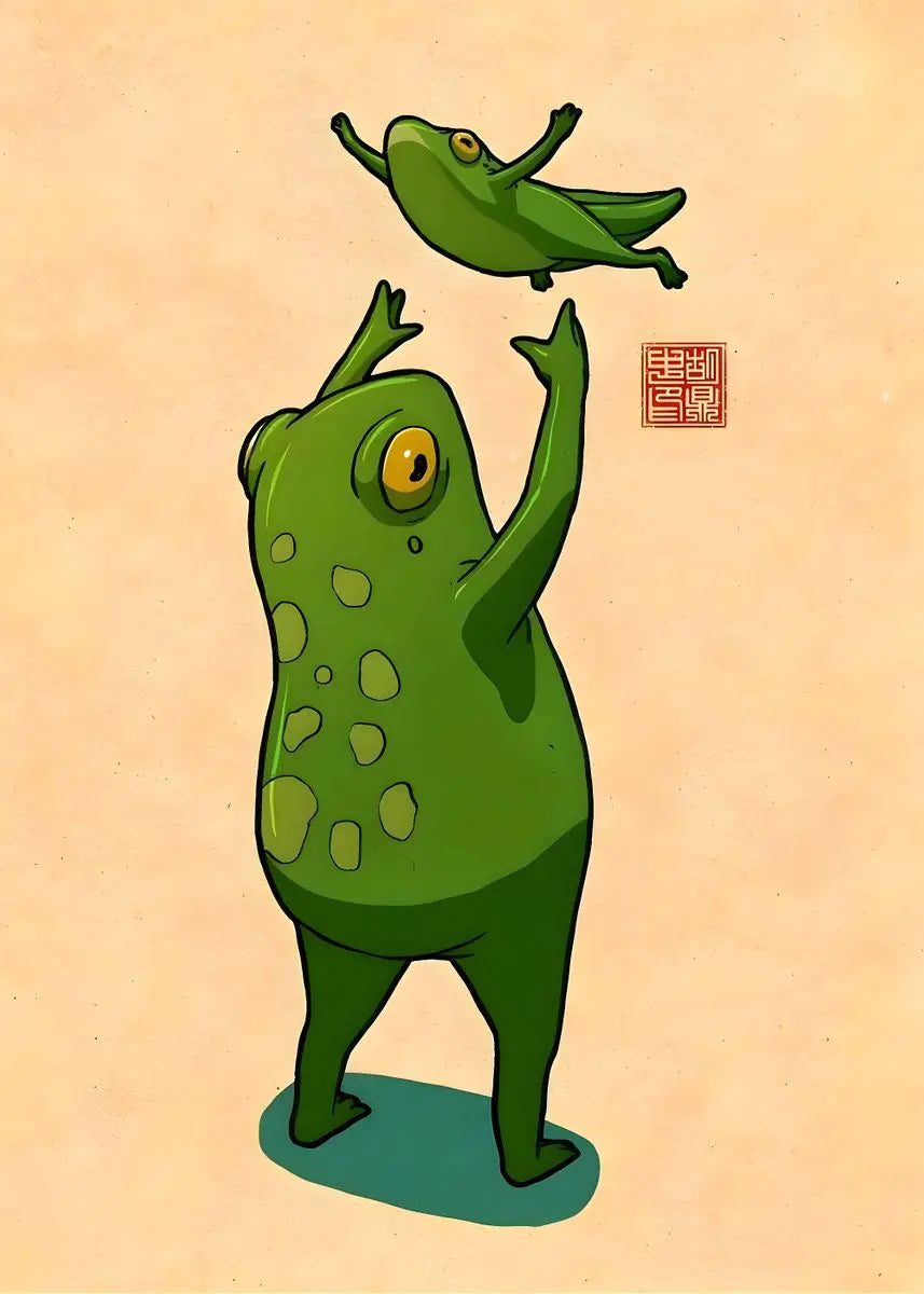 Illustration of a green creature holding a green pepper above its head on a beige background.