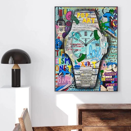 Colorful pop art-style clock painting on a wall with a lamp and wooden cabinet below. Canvas & Curio