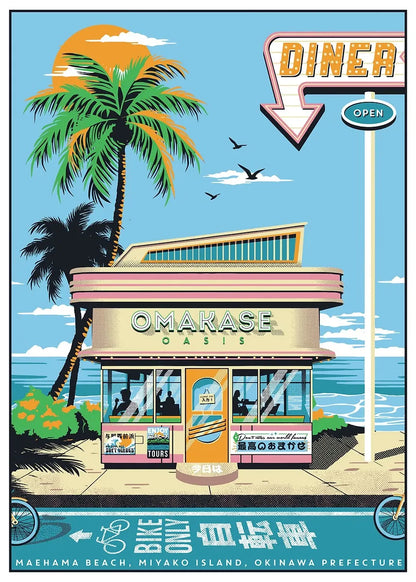 Illustration of a retro-style diner with palm trees and ocean view, featuring the name 'Omarase Oasis'.