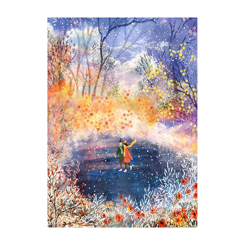 Illustration of a couple skating on a frozen lake with autumn trees and snowflakes.
