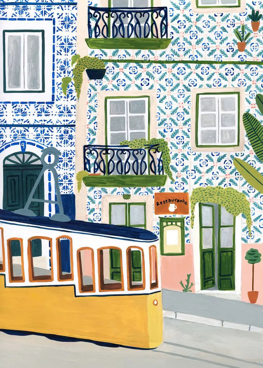 Colorful illustration of a street scene with buildings, a tram, and decorative elements.