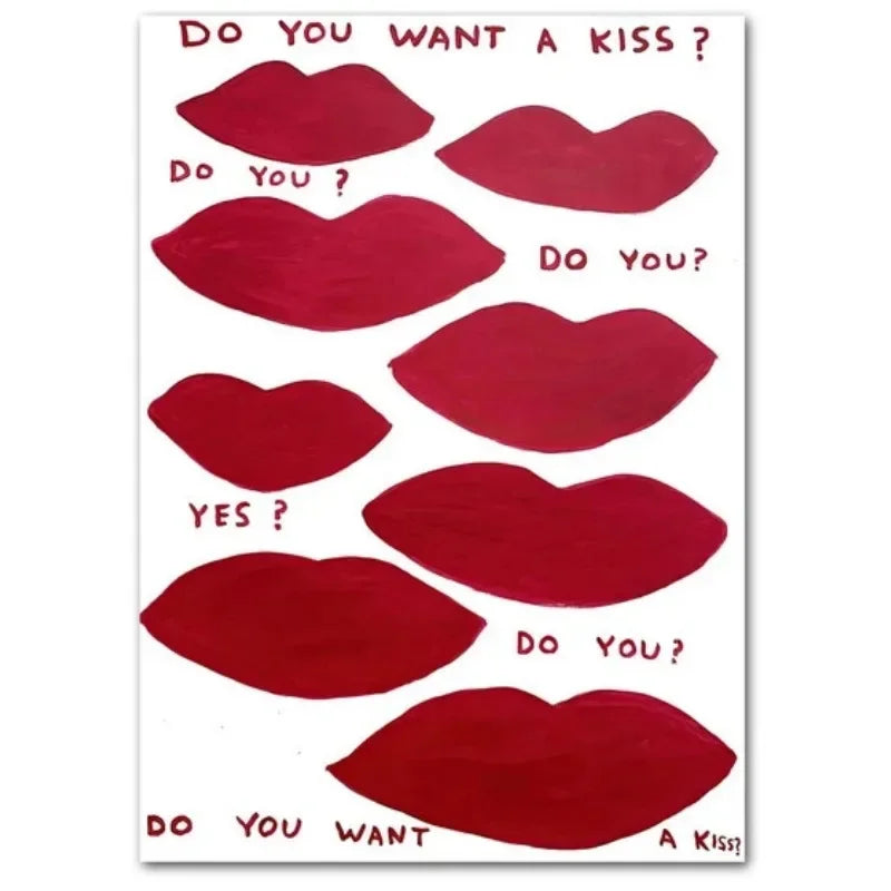 Red lips with text asking 'Do You Want a Kiss?' on a white background