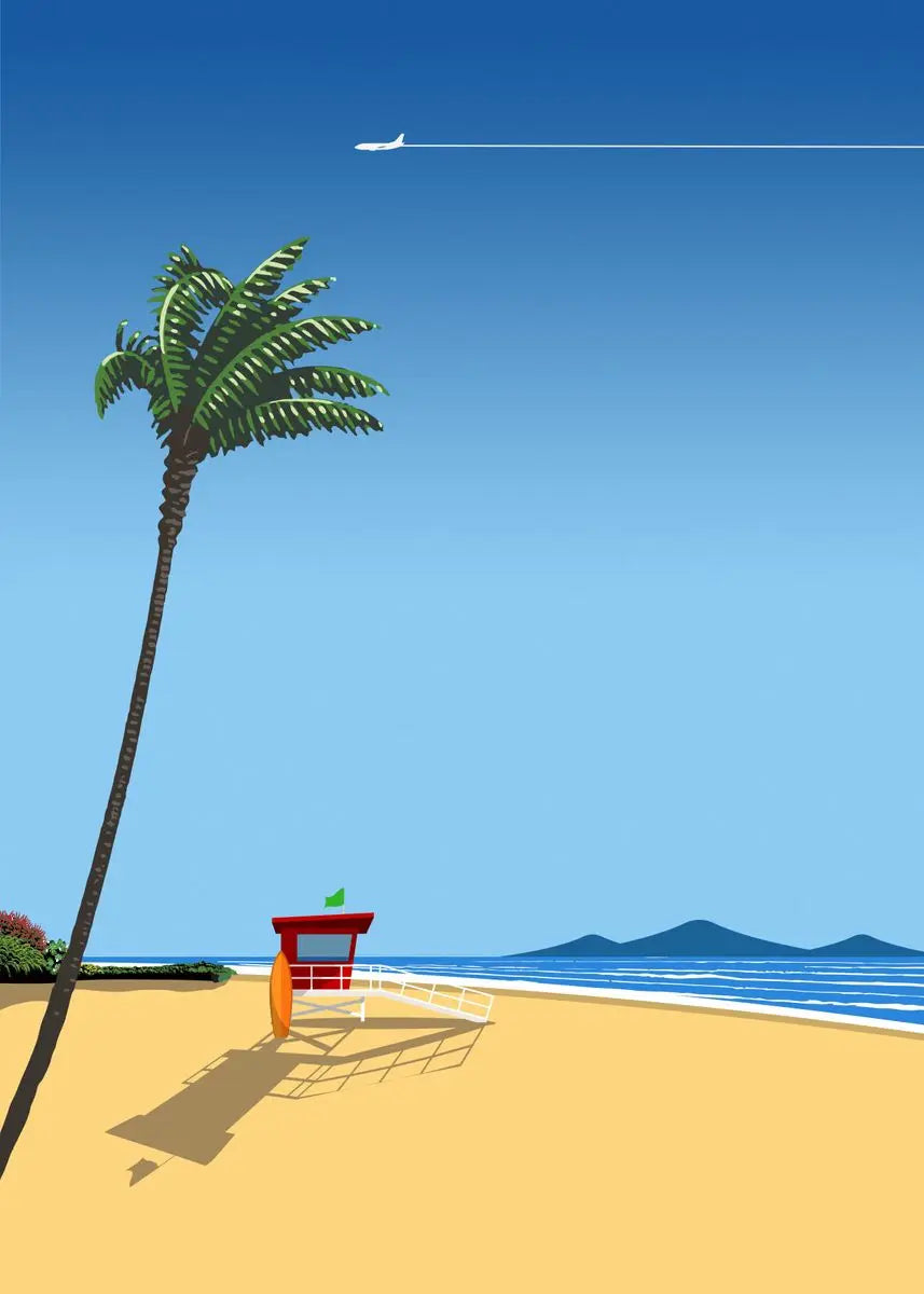Beach scene with palm tree, lifeguard tower, and airplane in the sky