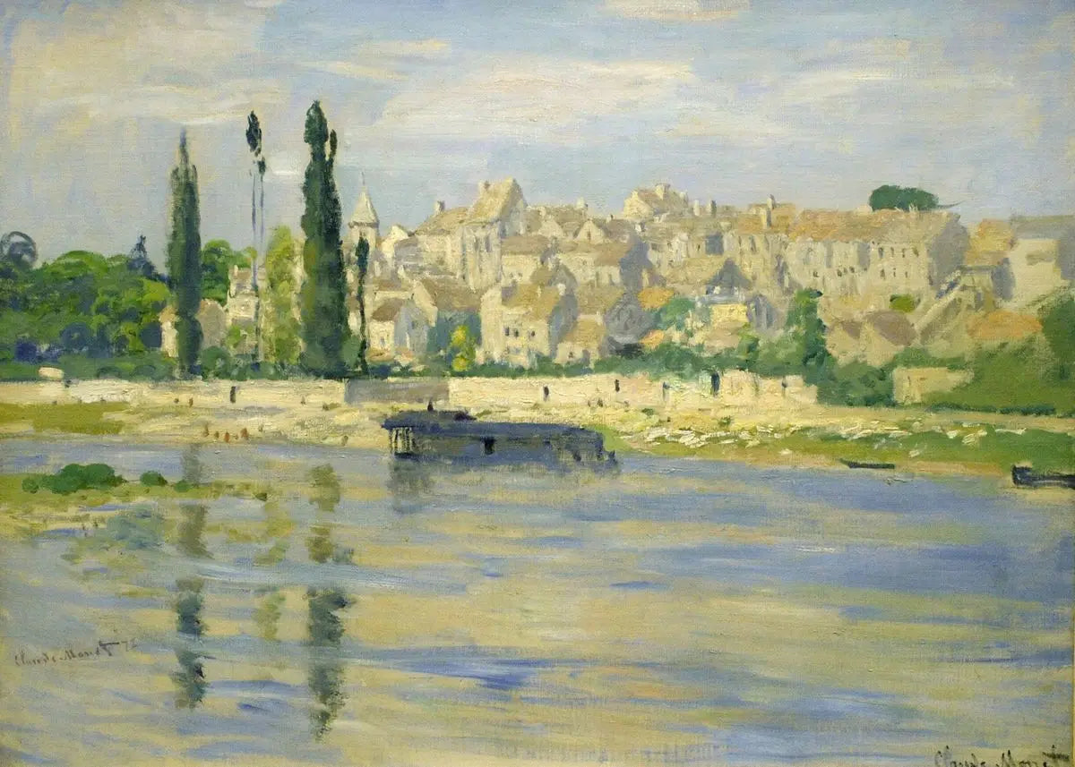 Painting of a river scene with a town in the background