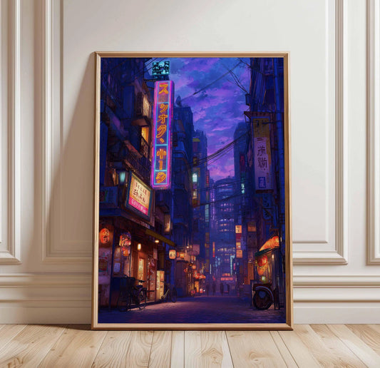Framed artwork of a neon-lit city street scene on a wall. Canvas & Curio