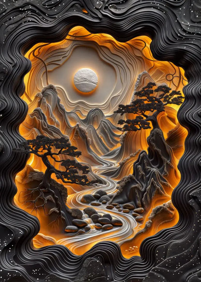 Artistic depiction of a mountain landscape with trees and a river, surrounded by wavy black patterns.