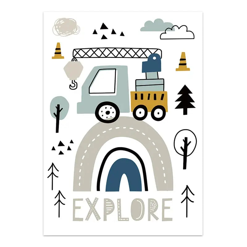 Children's poster with construction vehicle, rainbow, and trees on a white background