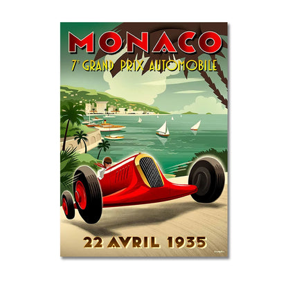 Vintage-style poster for Monaco Grand Prix Automobile event with a red race car on a beach.