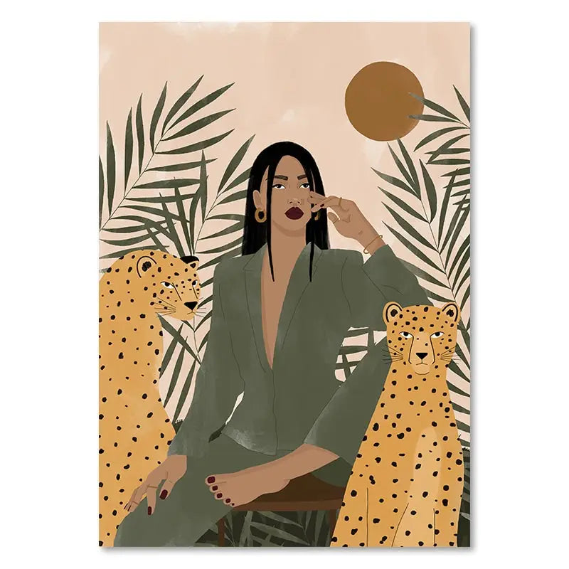 Illustration of a woman with two cheetahs and palm leaves on a beige background