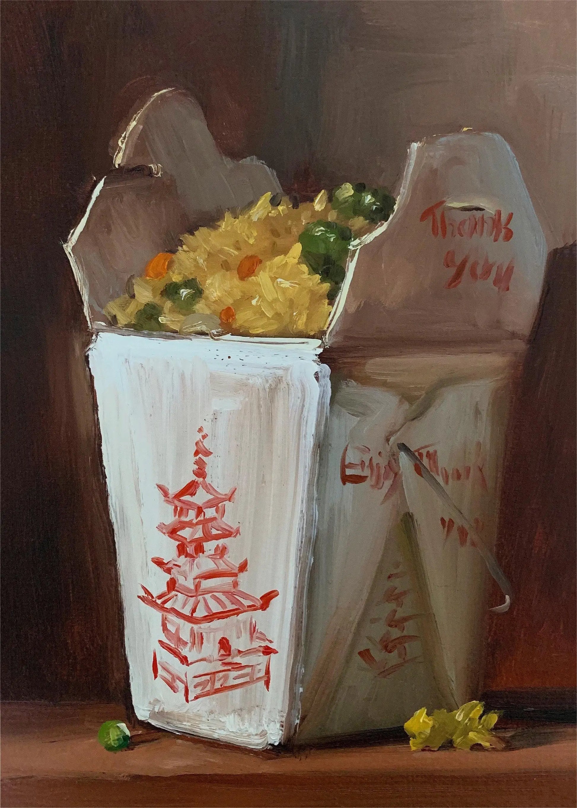 Painting of a Chinese takeout box with food and 'Thanks you' text on a brown background