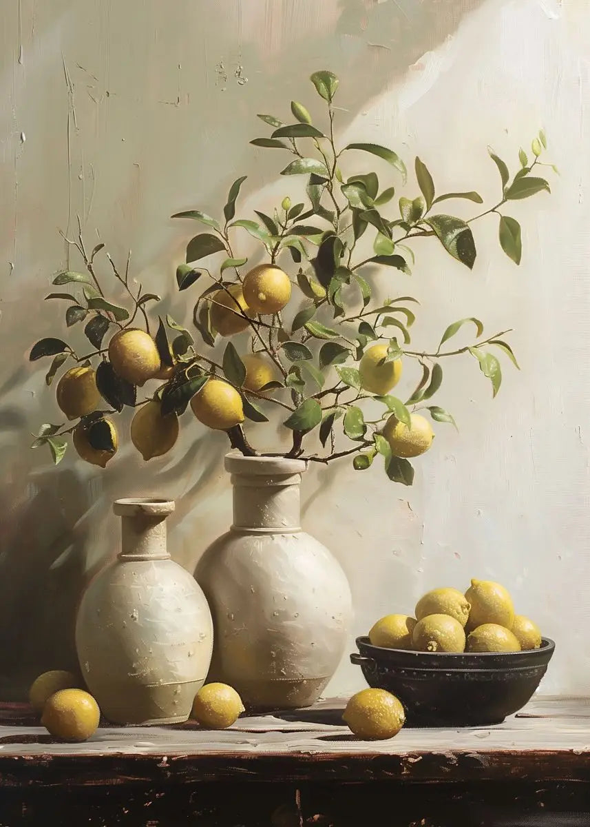 Still life with lemons, a vase, and a bowl on a wooden surface.