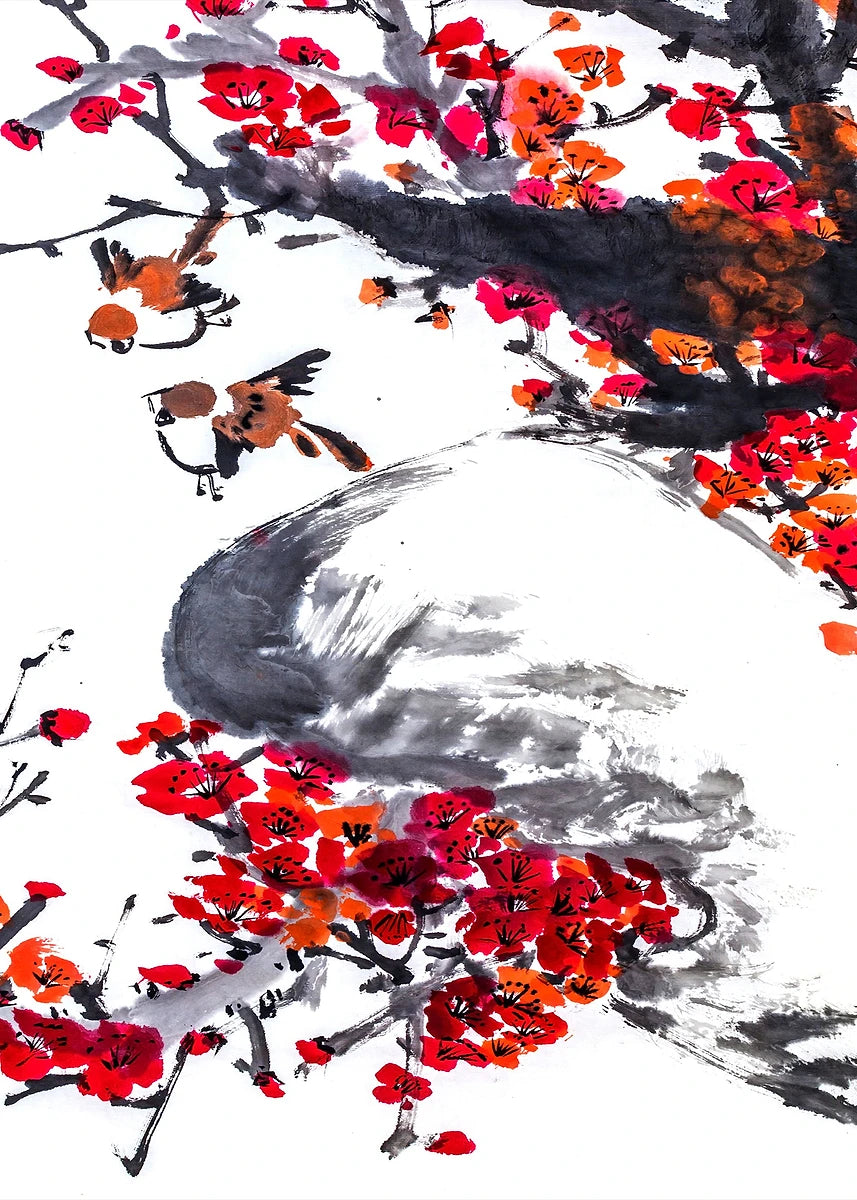 Artistic depiction of red flowers and black branches with a white circle in the center.