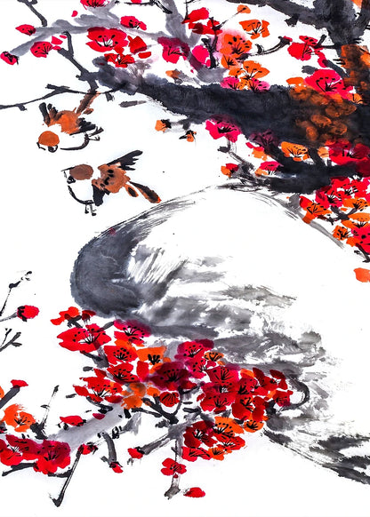 Artistic depiction of red flowers and black branches with a white circle in the center.