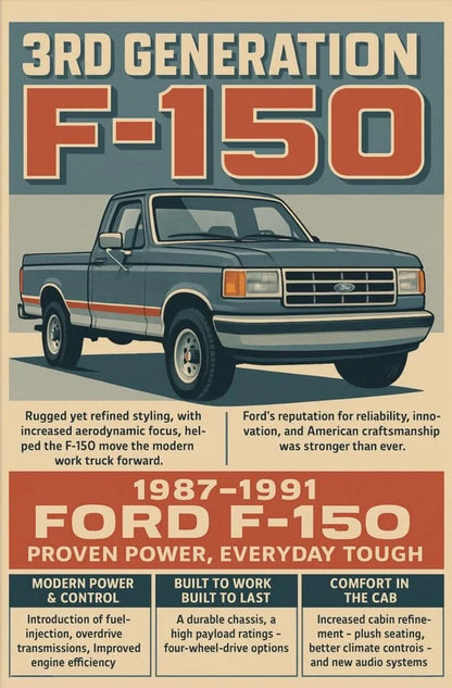 Advertisement for the 3rd Generation Ford F-150 truck from 1987-1991 with text highlighting features.