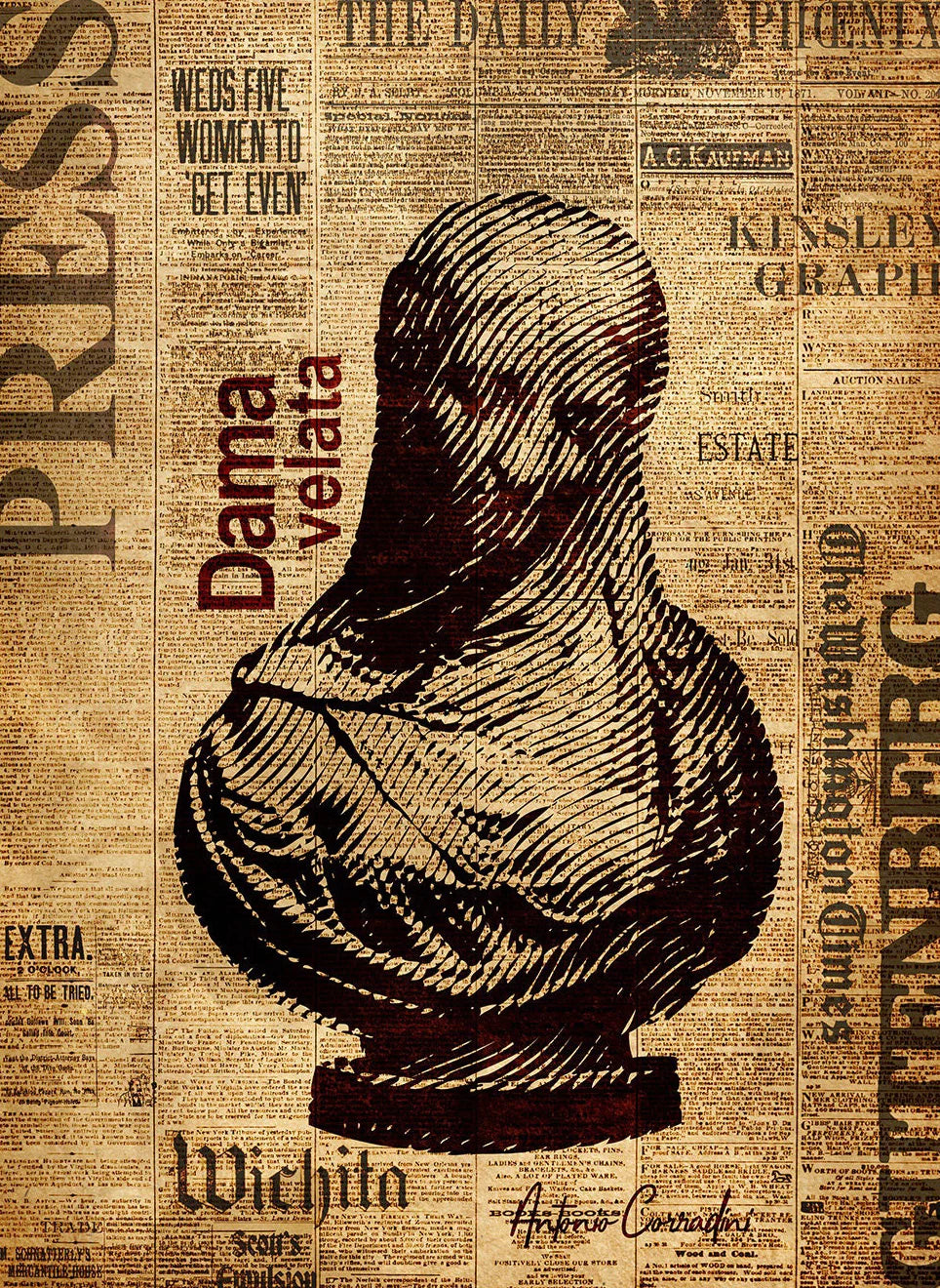 Statue of a draped figure on a newspaper background with text.