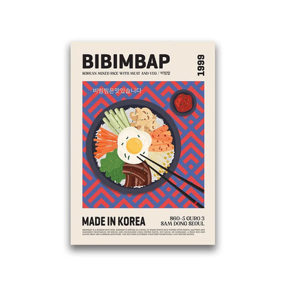 Product packaging for Bibimbap with a bowl of Korean mixed rice dish on a beige background
