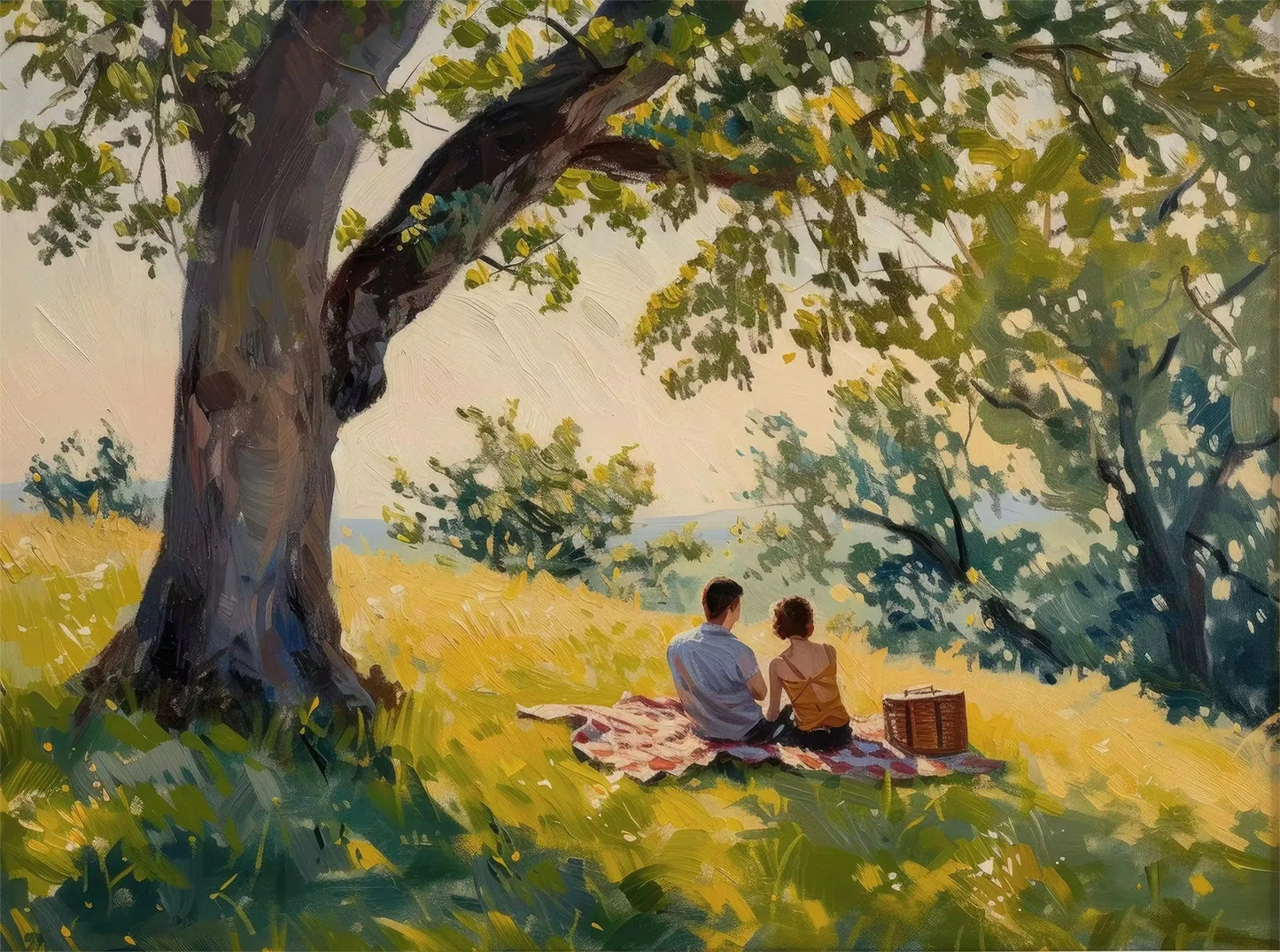 Painting of a couple having a picnic under a tree in a park.