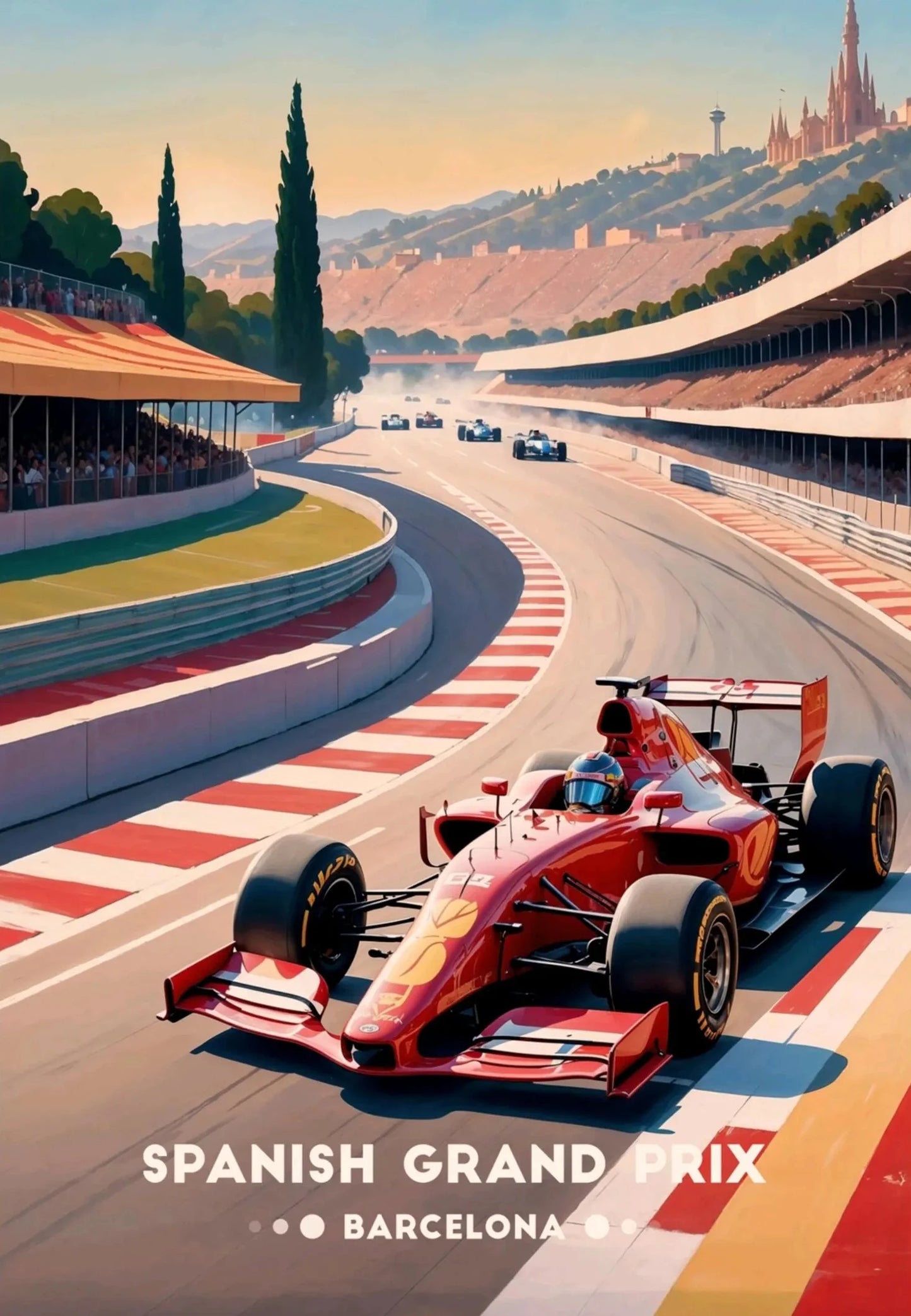 Red Formula 1 car on a race track with Barcelona skyline in the background