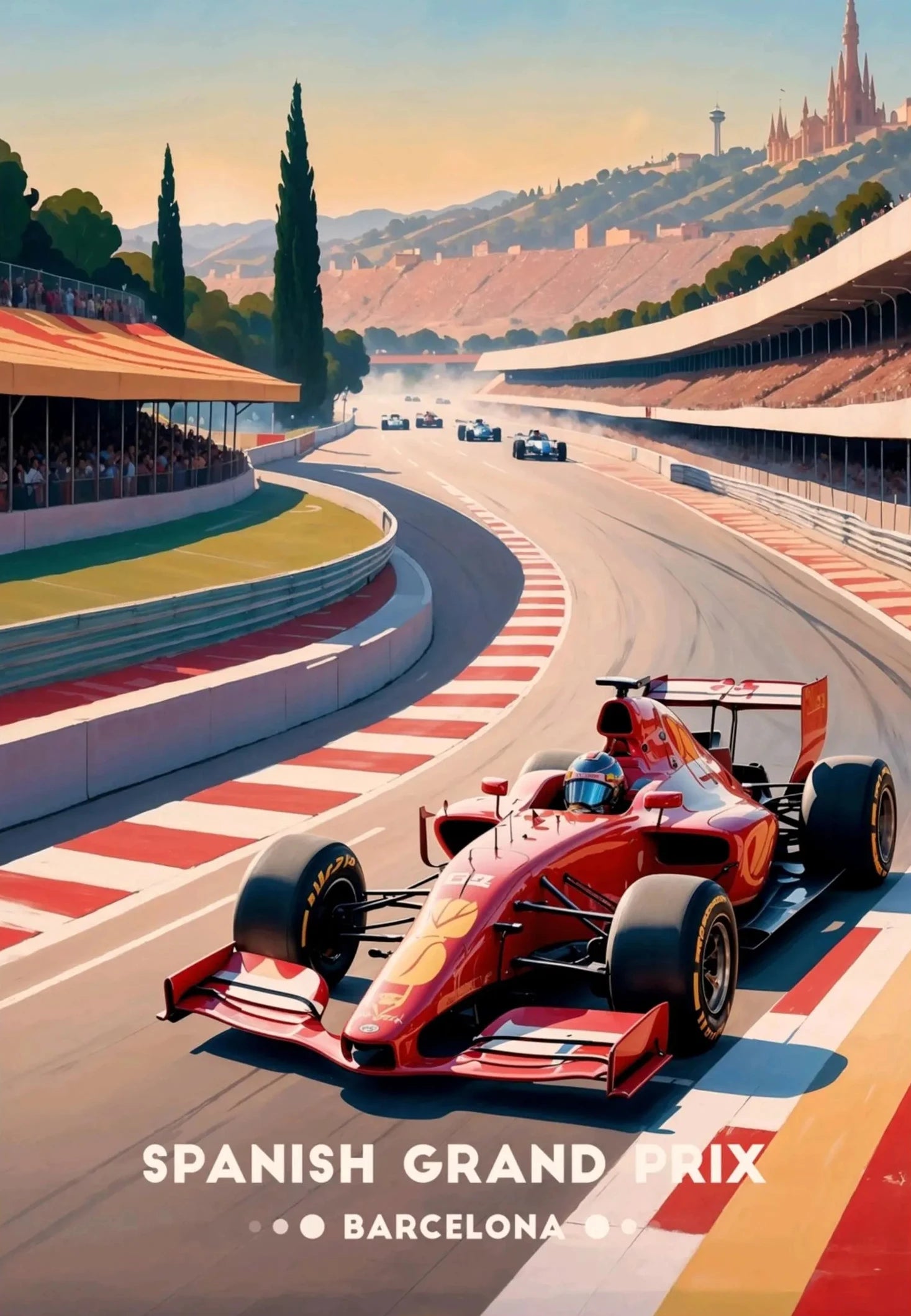 Red Formula 1 car on a race track with Barcelona skyline in the background