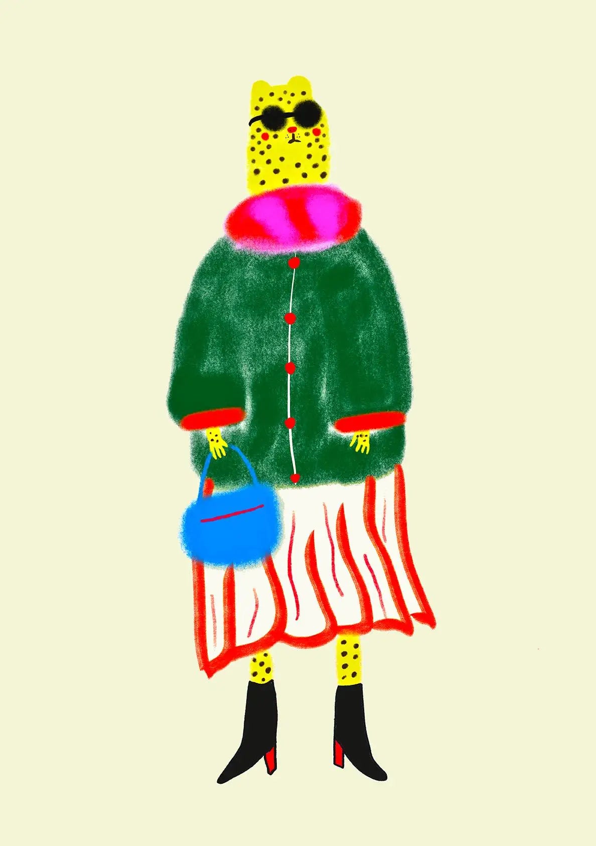 Colorful illustration of a person wearing a green coat, red skirt, and yellow hat with sunglasses on a beige background.

