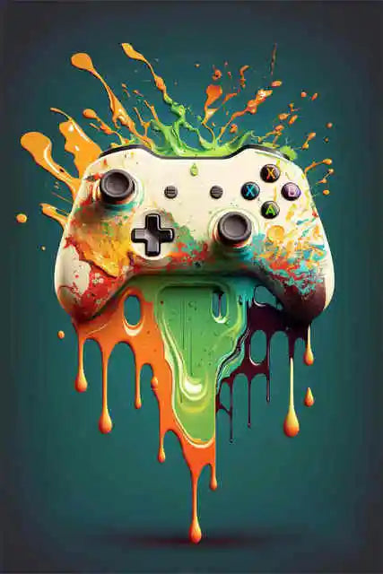 Colorful splatter design on a gaming controller against a dark background
