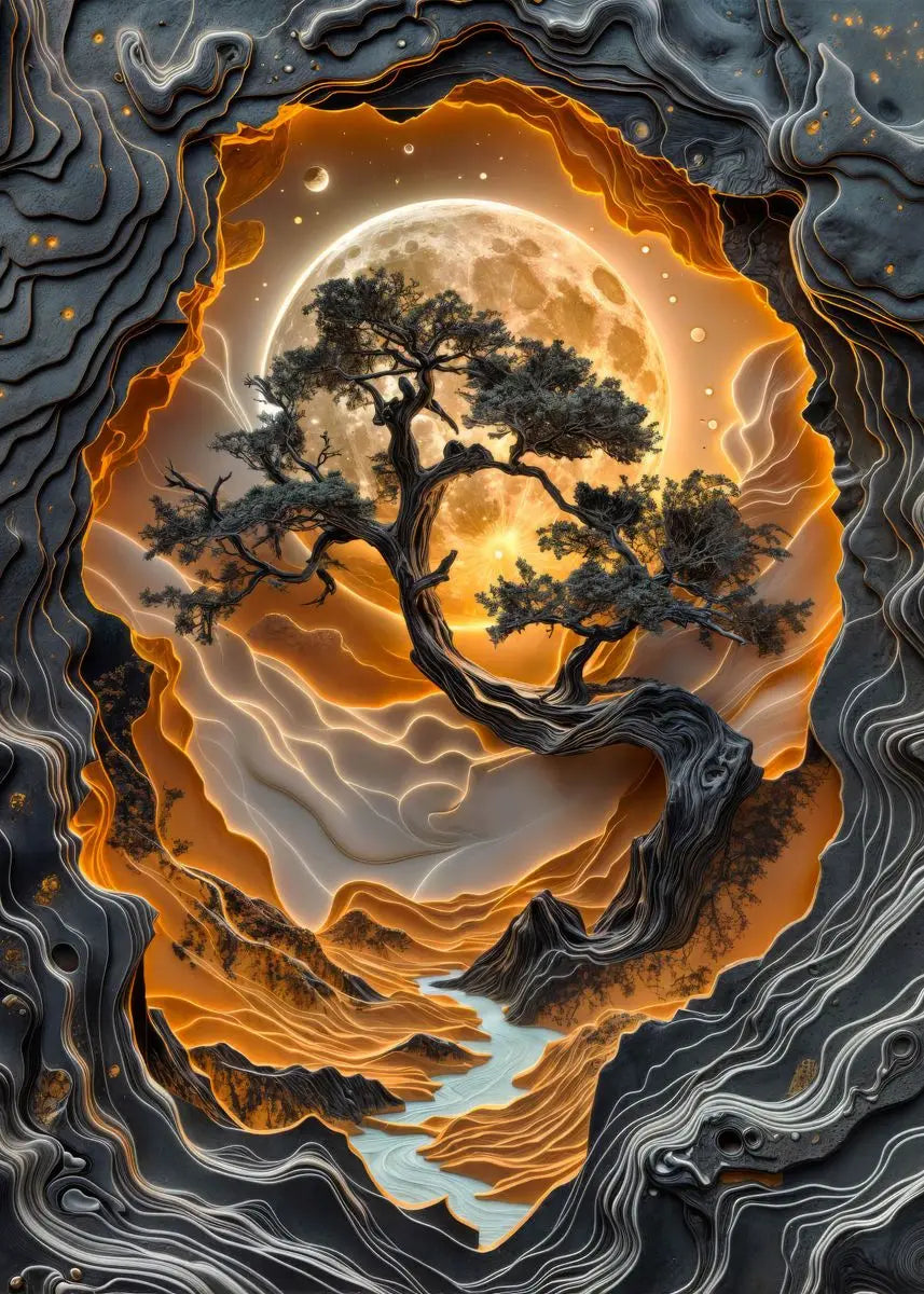 Artistic depiction of a tree with a full moon in a wavy, abstract landscape.