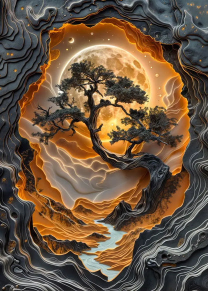 Artistic depiction of a tree with a full moon in a wavy, abstract landscape.